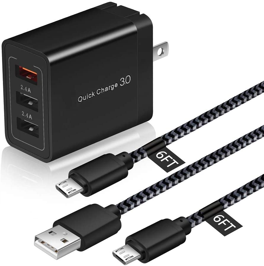 带有自适应快速充电器的Micro USB电缆6FT，编织的Android充电器电缆快速充电3.0壁式充电器，兼容三星Galaxy S7 / S6 Edge / J7，Note 5，平板电脑，LG，Moto，PS4